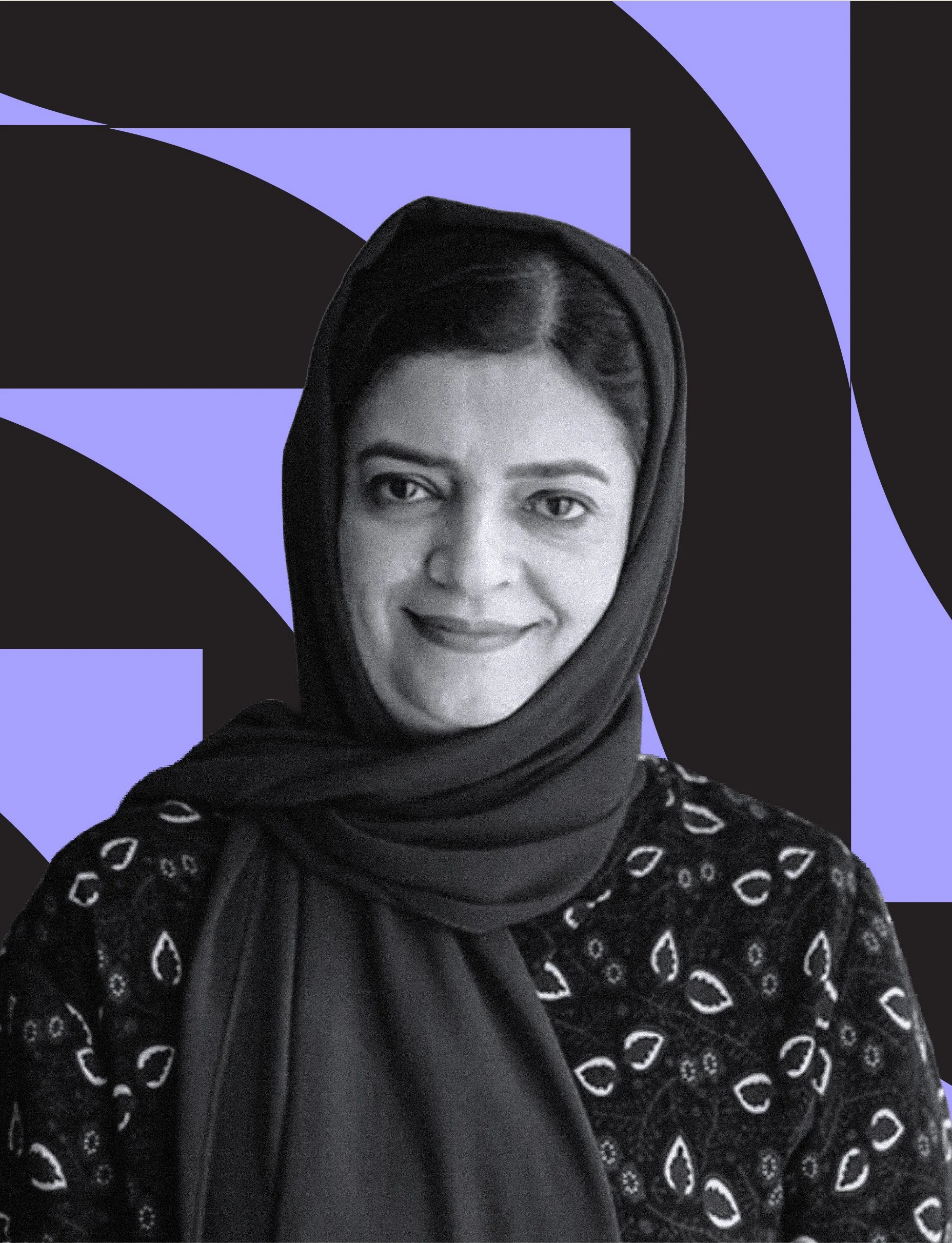 A woman wearing a black headscarf with a smile, standing in front of an abstract purple and black geometric background.