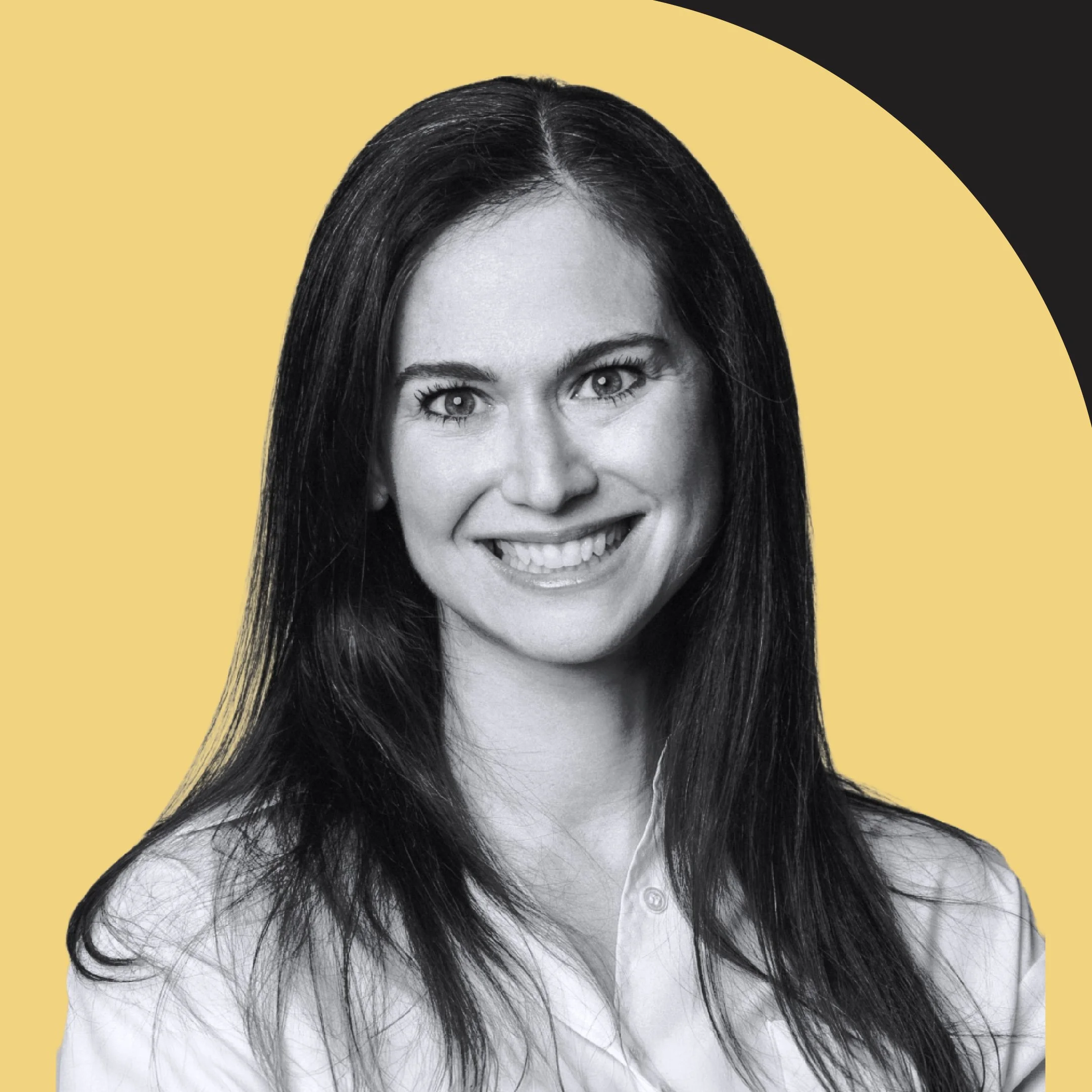 Close-up of a woman's face with long black hair, smiling, in black and white with a yellow background and black corner.