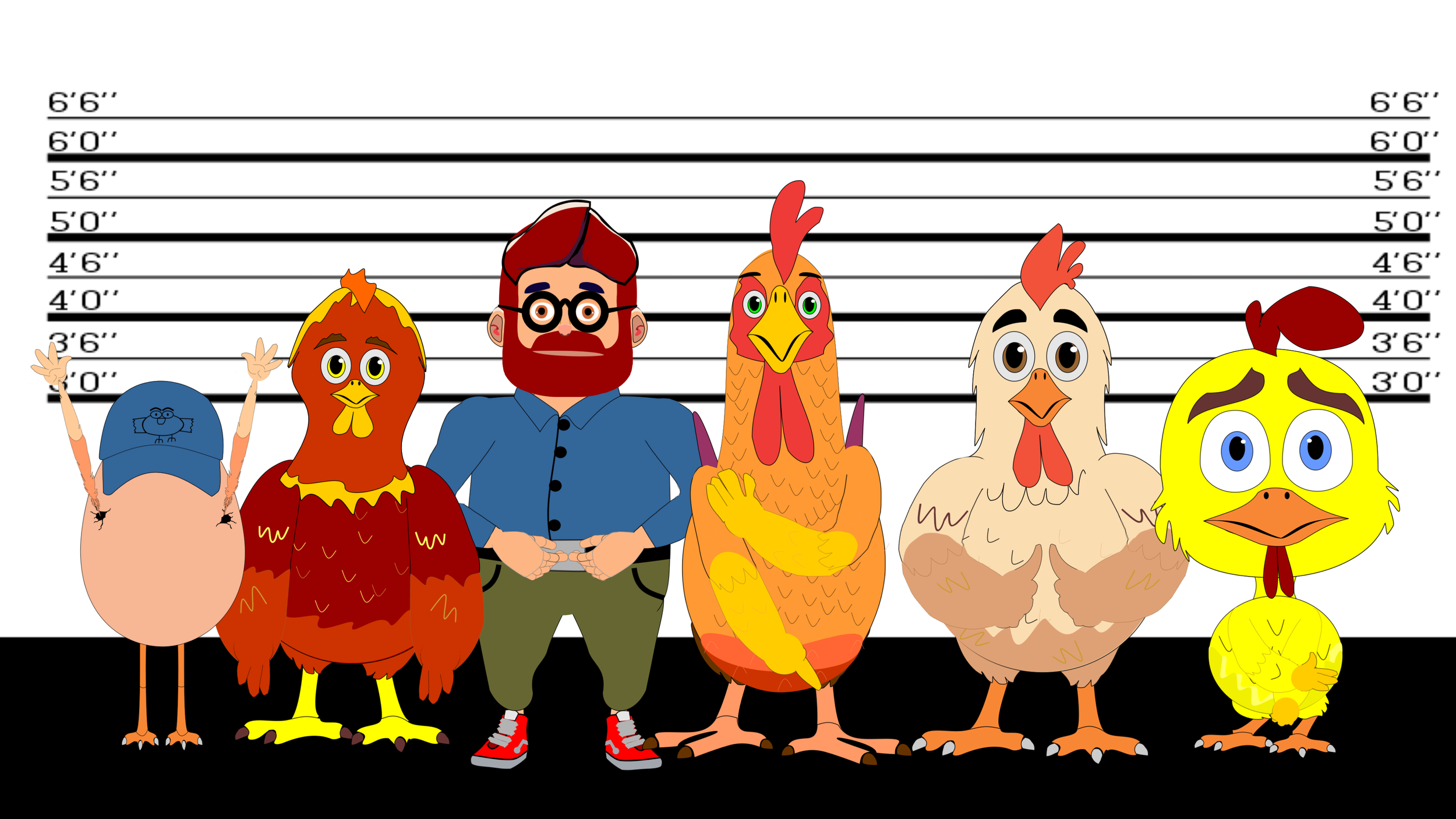 Cartoon of six anthropomorphic chickens and a man, standing in front of a height measurement backdrop.