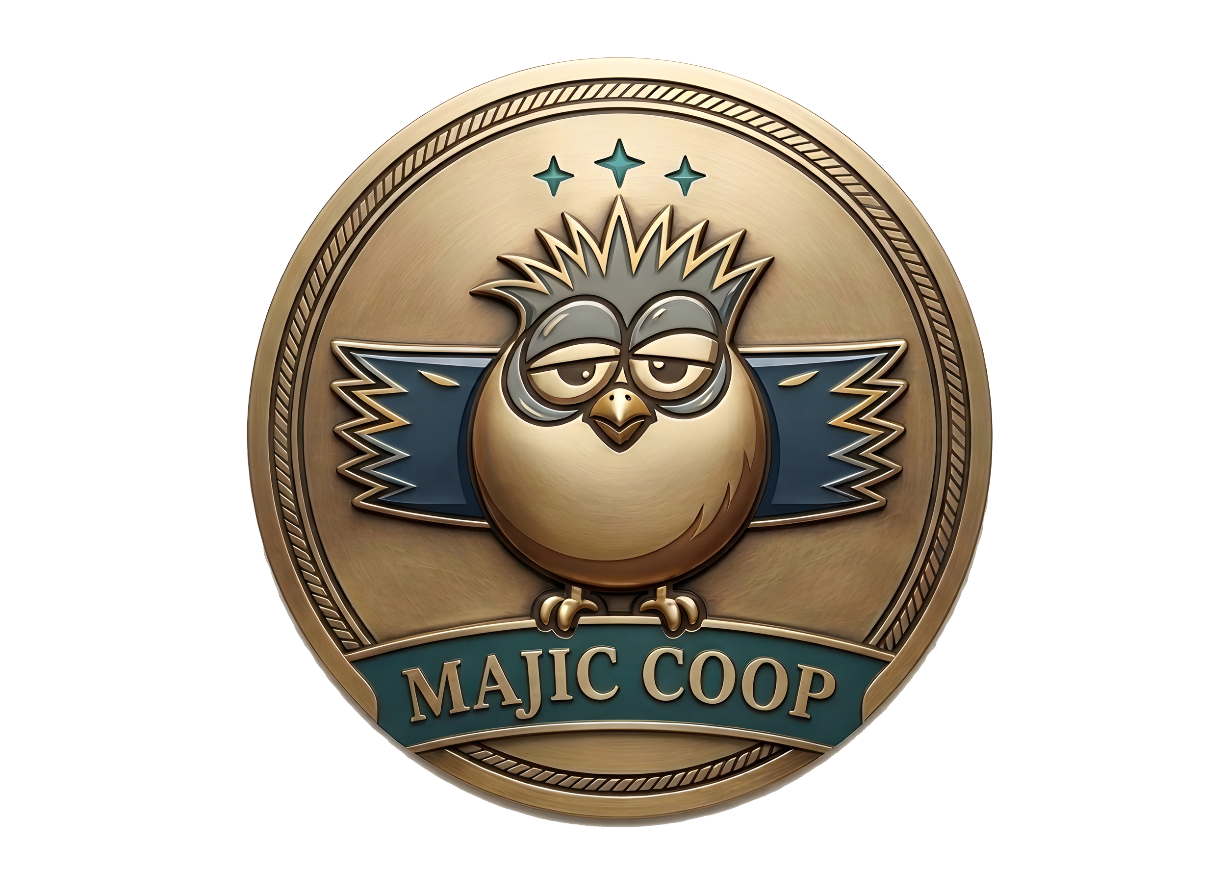 Close-up of a circular award medal featuring a cartoonish owl with a crown, stars above its head, and the text 'Majic Coop' on a ribbon at the bottom.
