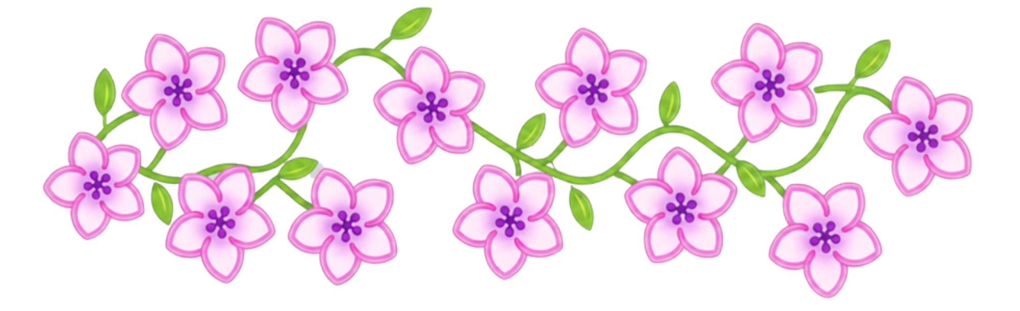 Illustration of pink flowers with purple centers and green stems and leaves.