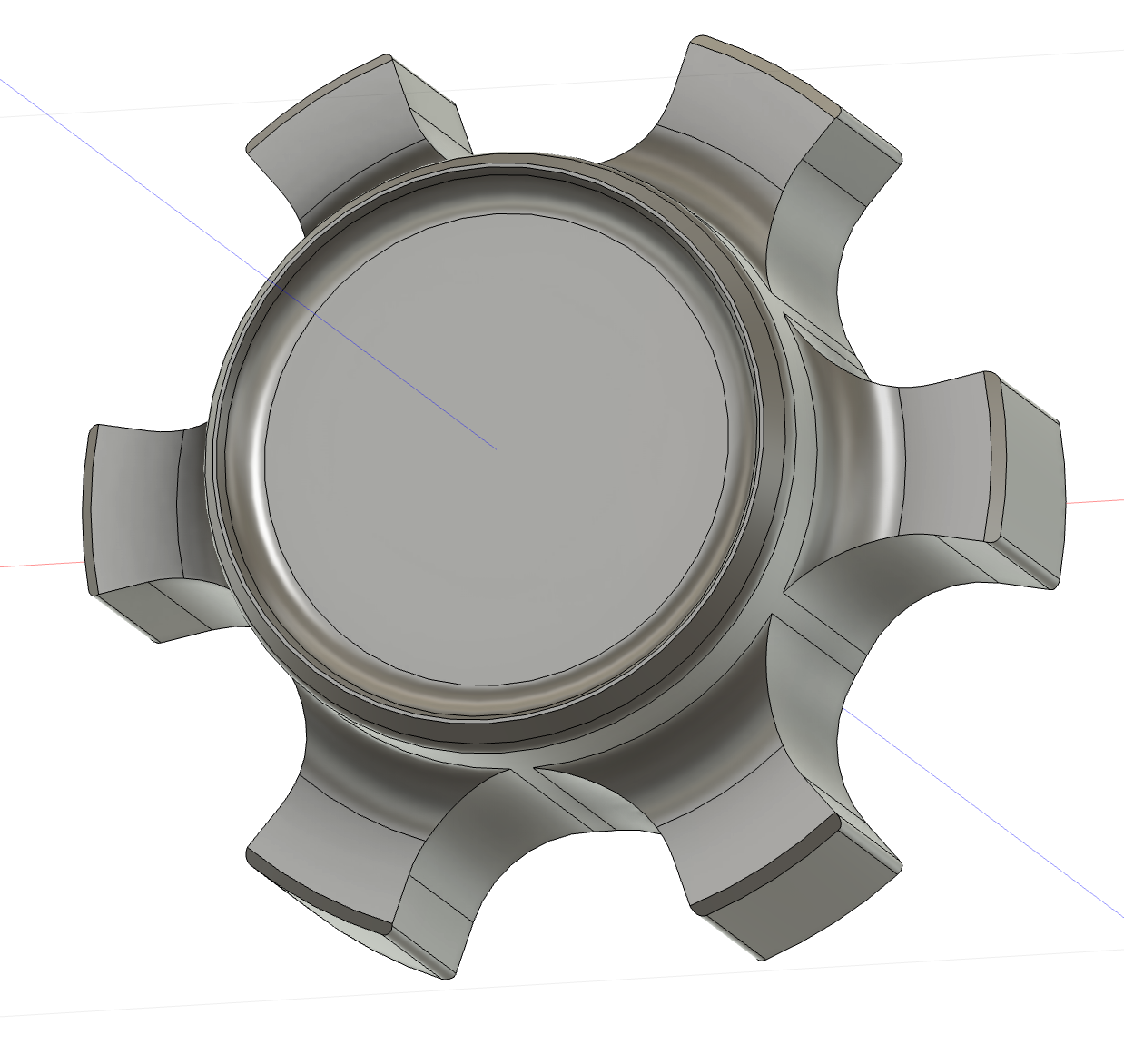 A 3D model of a mechanical component with six evenly spaced protrusions, resembling a gear or coupling part.