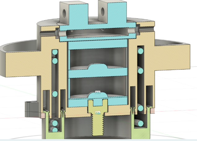 A detailed cross-sectional diagram of a mechanical assembly or engine component showcasing various internal parts, including bolts, threaded sections, and different colored sections representing different materials.