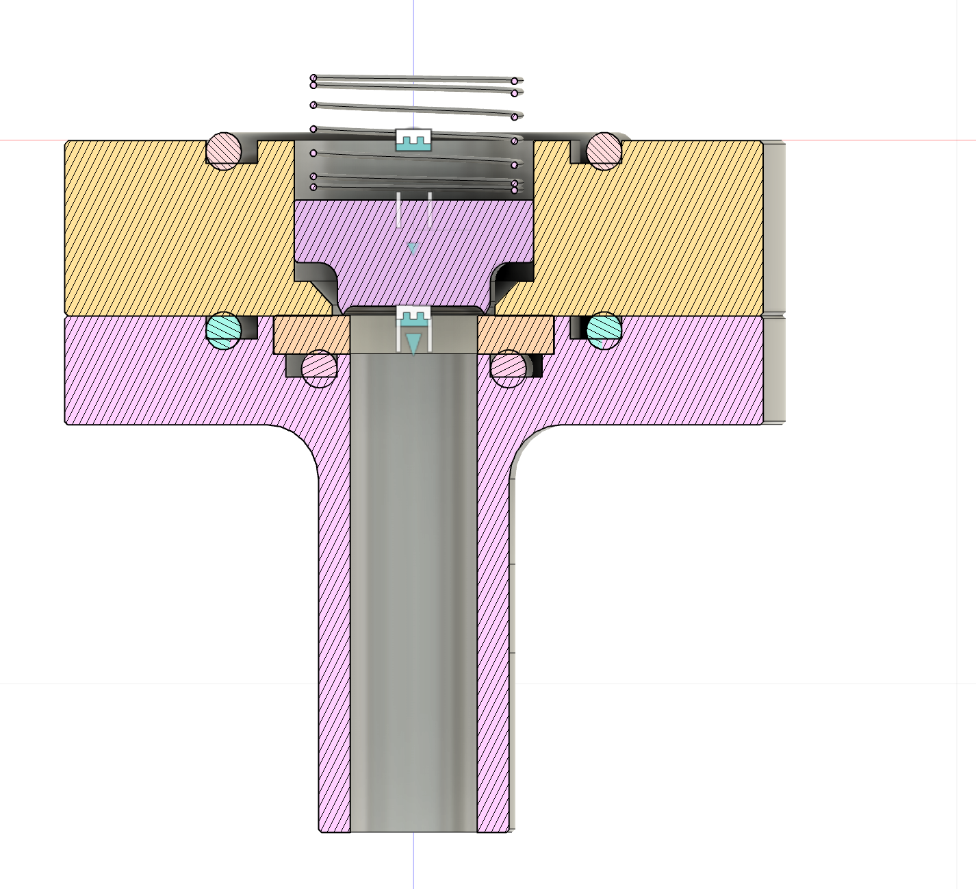 Technical drawing of a mechanical assembly with various colored parts, including a vertical gray rod, pink, yellow, and purple components, and multiple fasteners such as bolts and screws.