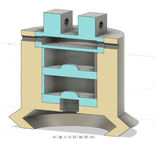 Cross-sectional 3D rendering of a mechanical device with various chambers and components, including blue, beige, and gray parts.