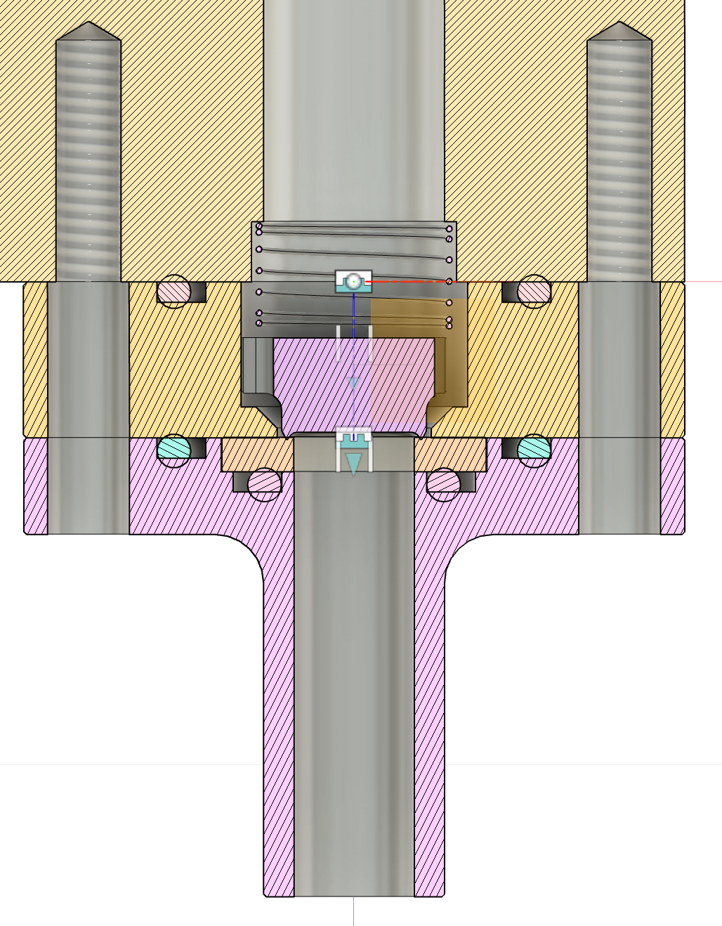 A technical cross-sectional diagram of a mechanical assembly showing various colored components including cylindrical metal parts, screws, and a central pink section with internal features, possibly representing a mechanical device or machine part.