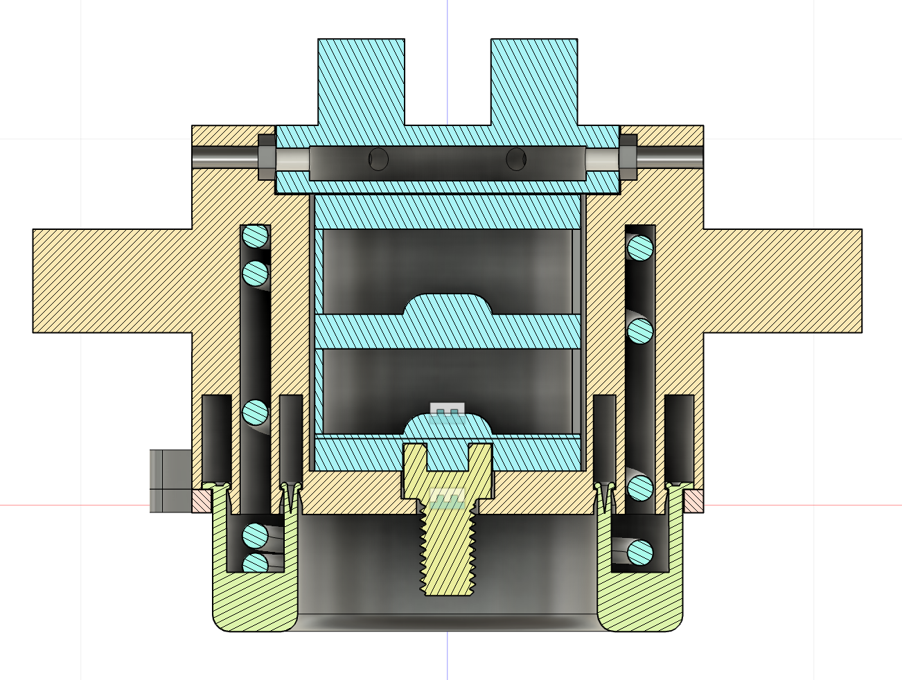 A detailed technical cross-sectional drawing of a mechanical component showing various metal parts, bolts, screws, and internal chambers, with different colors indicating different materials or sections.