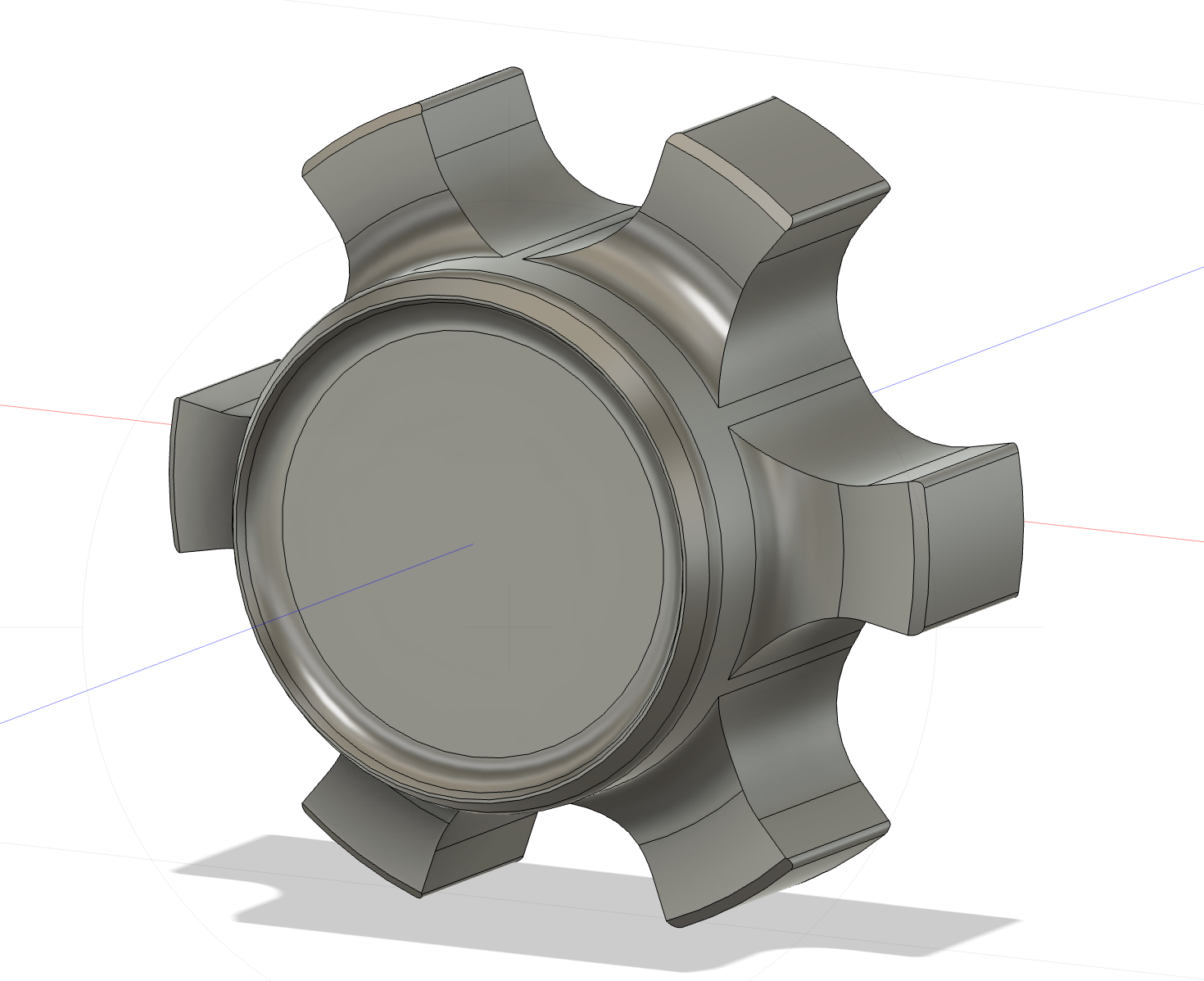 A 3D model of a mechanical component, possibly a gear or coupling part, with a cylindrical center and protruding rectangular arms.