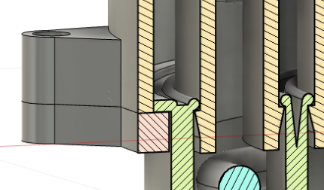 Cross-sectional diagram of a mechanical or plumbing component showing detailed internal parts and materials, including seals, fasteners, and structural elements.
