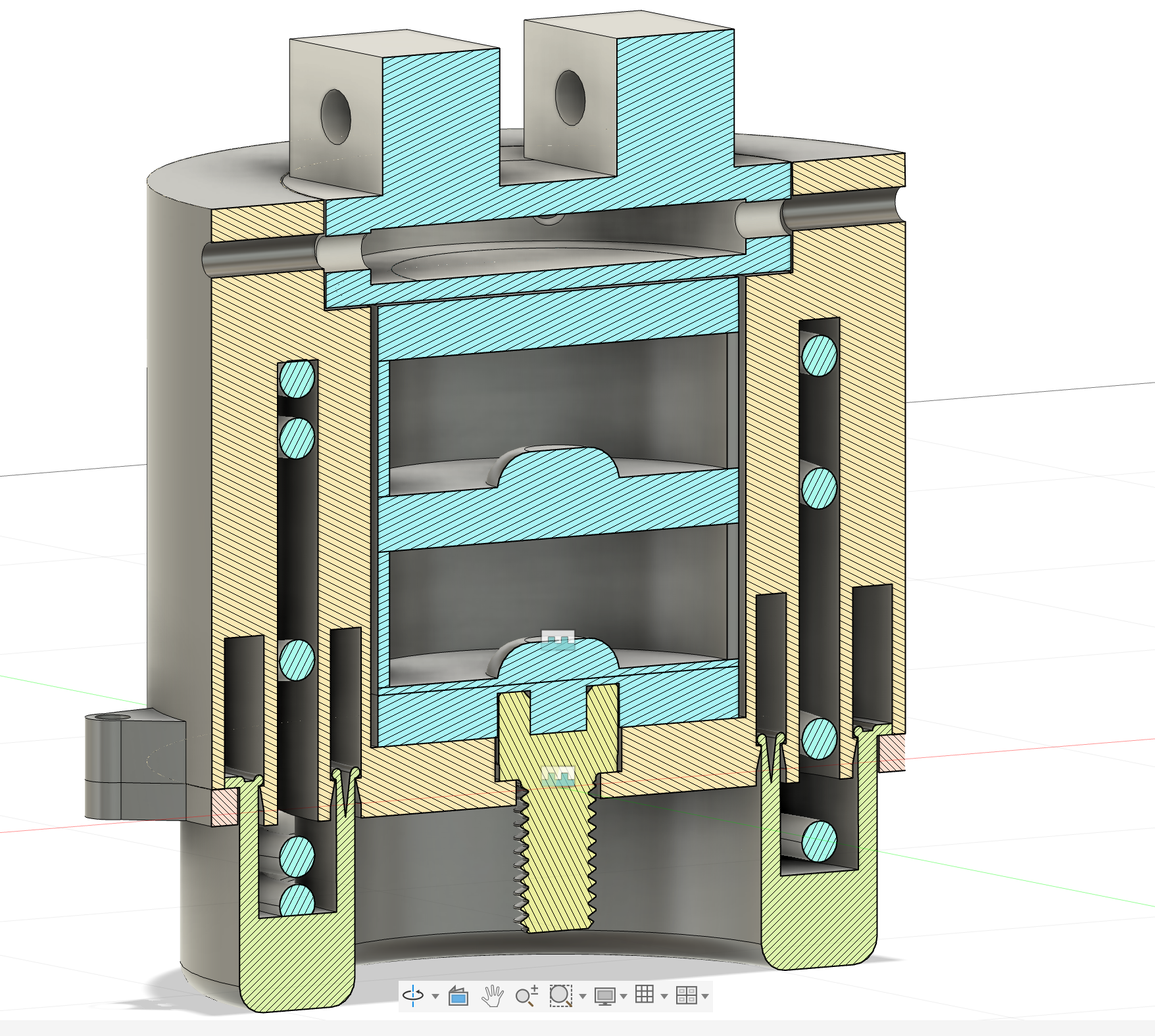 A detailed technical cross-sectional diagram of a mechanical device, showing various colored internal components, including cylinders, springs, and chambers, with a threaded rod at the base.