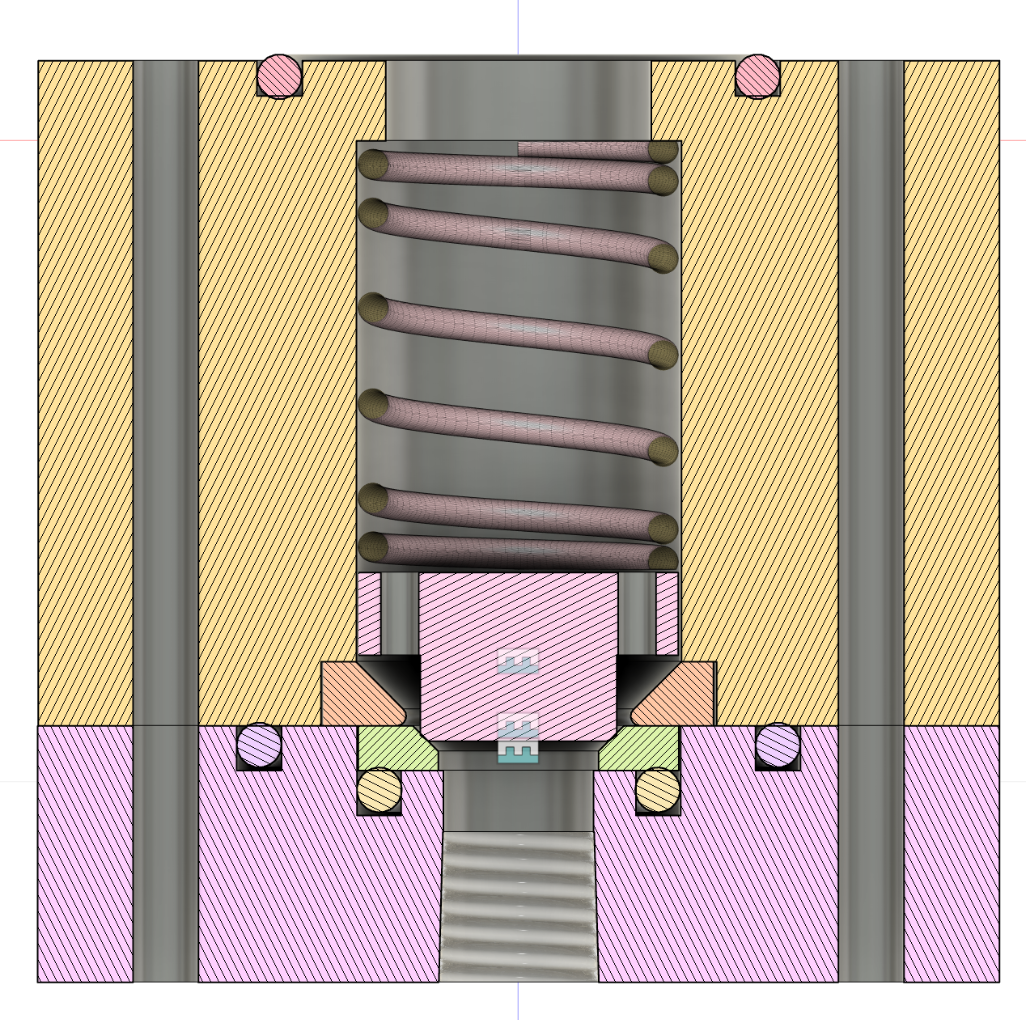 Cross-sectional diagram of a mechanical device featuring a central cylindrical component, a helical coil spring around it, and various color-coded parts including screws, nuts, and support structures.