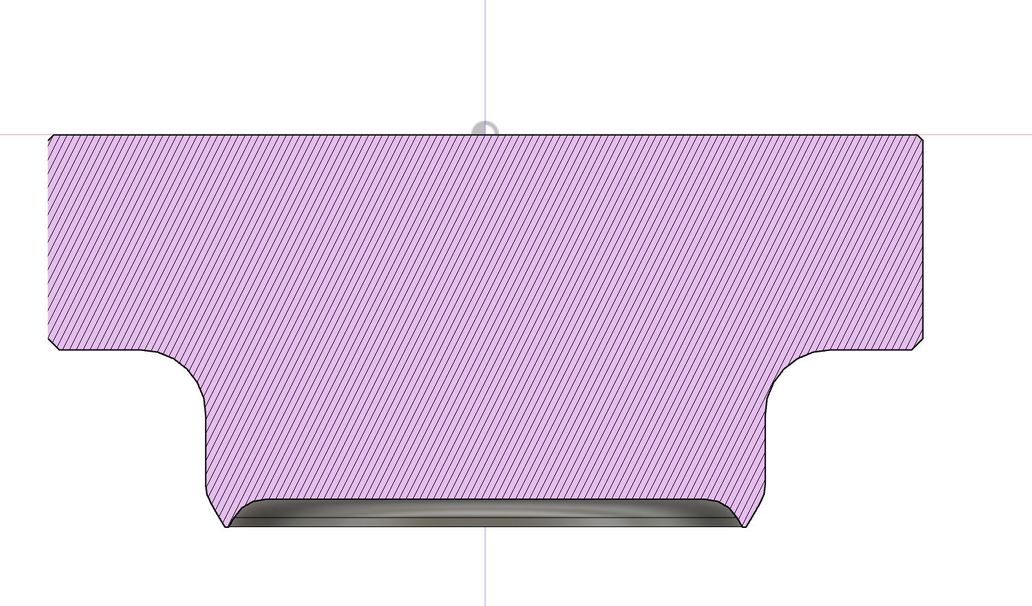A computer-aided design (CAD) model of a pink, block-like structure with curved bottom edges and a flat top surface, viewed from the front.