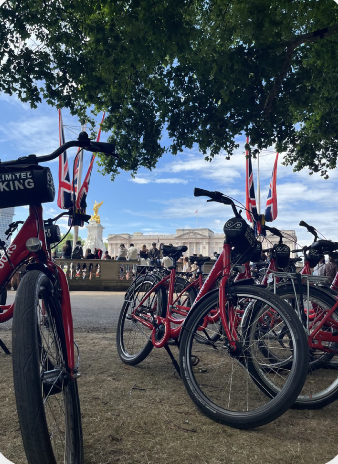 A bike ride to Buckingham palace, using eco-friendly transport to arrive at the Royal grounds