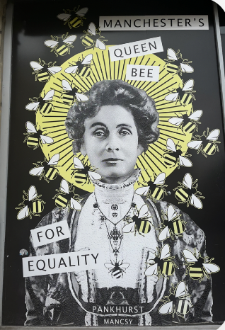 Manchester's Queen Bee, Emmeline Pankhurst, uniting women's suffrage advocacy with Manchester's worker bee symbol 