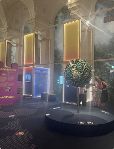 Inside a climate exposition with sections discussing different countries over the globe