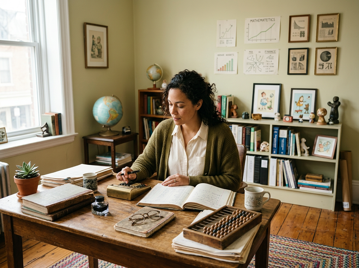 A woman sitting at a wooden desk in a well-lit office or study, surrounded by books, documents, and office supplies, with framed charts and artwork on the wall behind her.