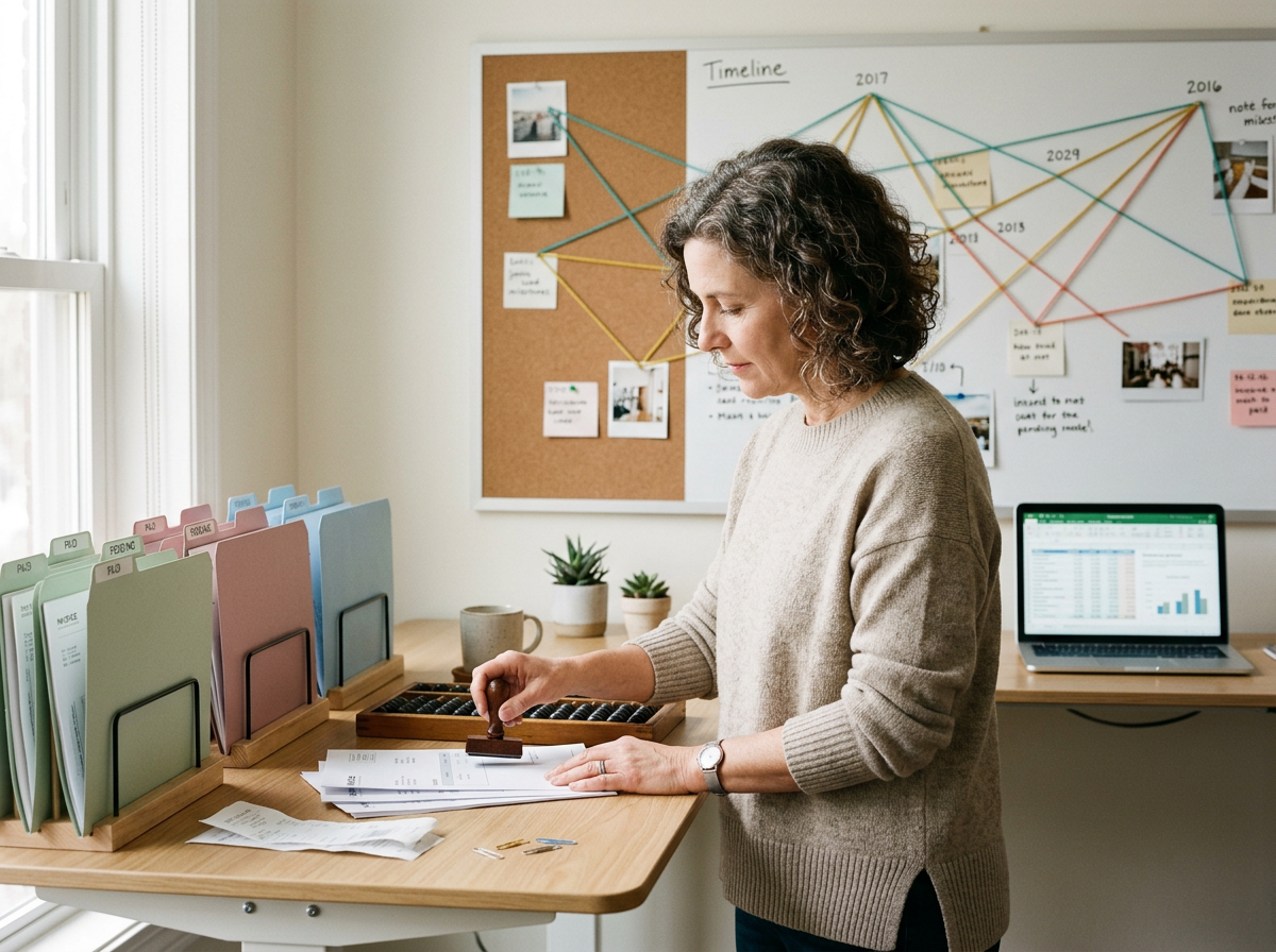 A woman working at her desk in an office, organizing papers beside colorful file folders, with a bulletin board and a laptop displaying data and charts in the background.