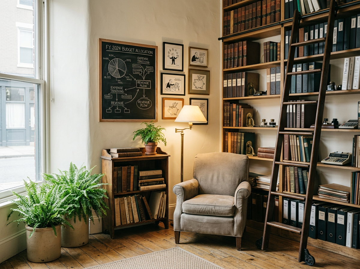 A cozy reading nook with a beige armchair, a small wooden side table with books and a potted plant, a standing floor lamp, large potted fern near the window, extensive wooden bookshelf with a ladder, framed pictures on the wall, and a blackboard with a budget chart.