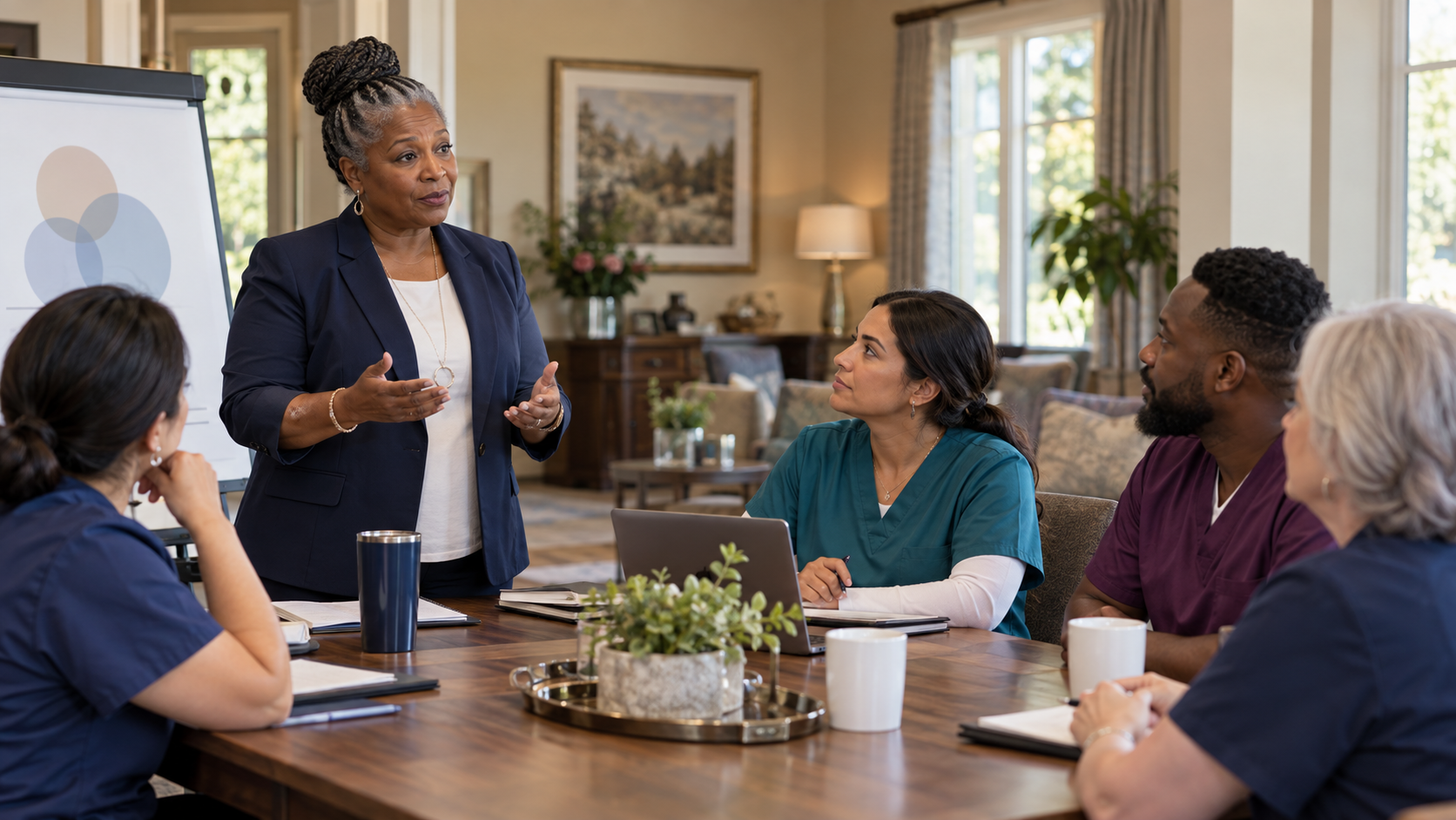 Black woman leading focused staff training in an assisted-living community