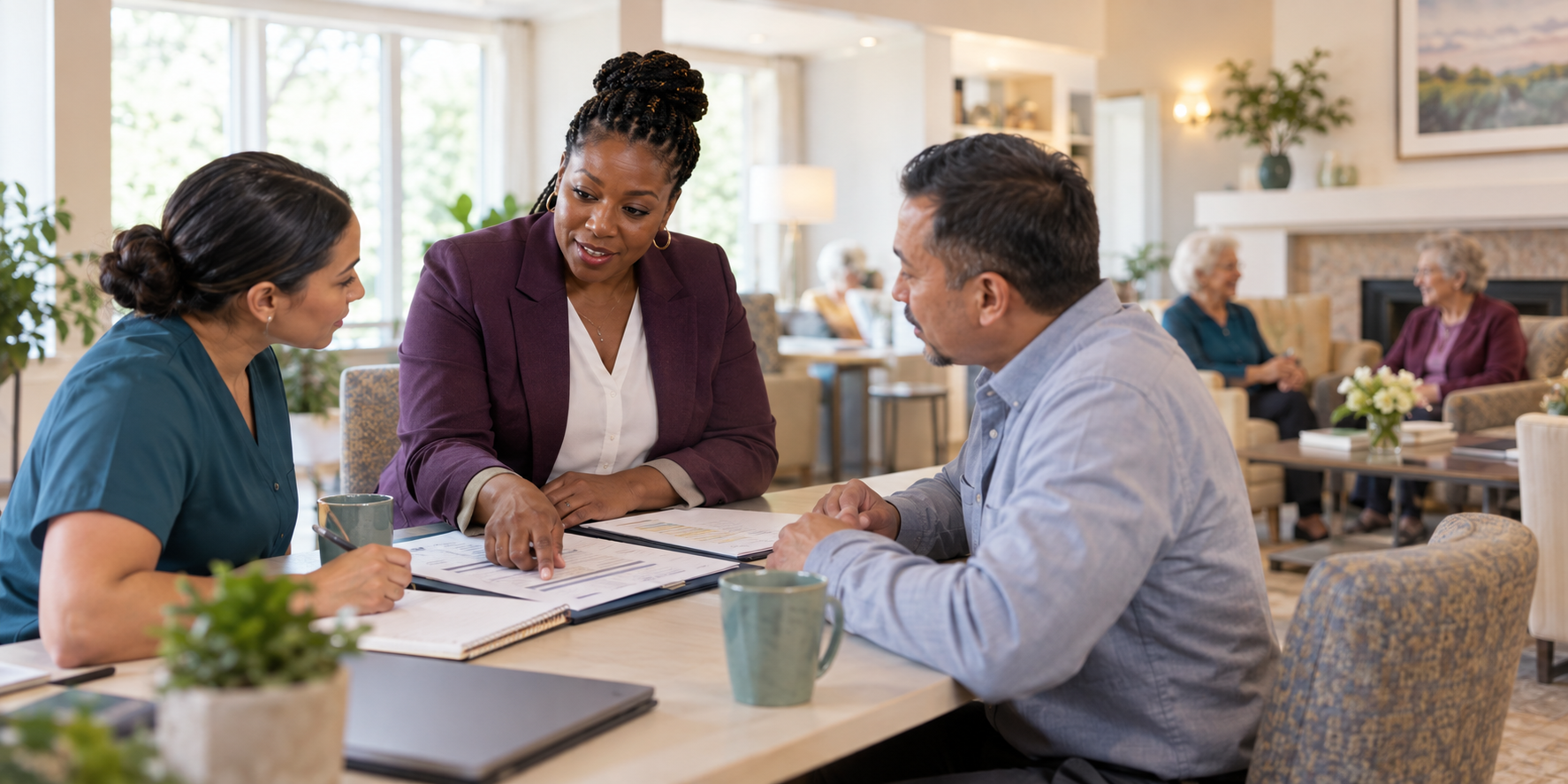 Black woman senior-living clinical leader collaborating with a care team in an assisted-living community