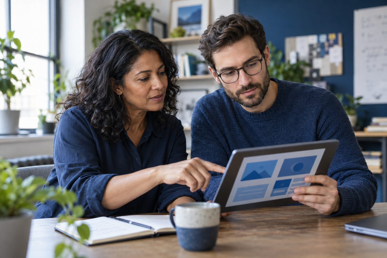 Illustrative AI-generated scene of two colleagues reviewing learning content together.