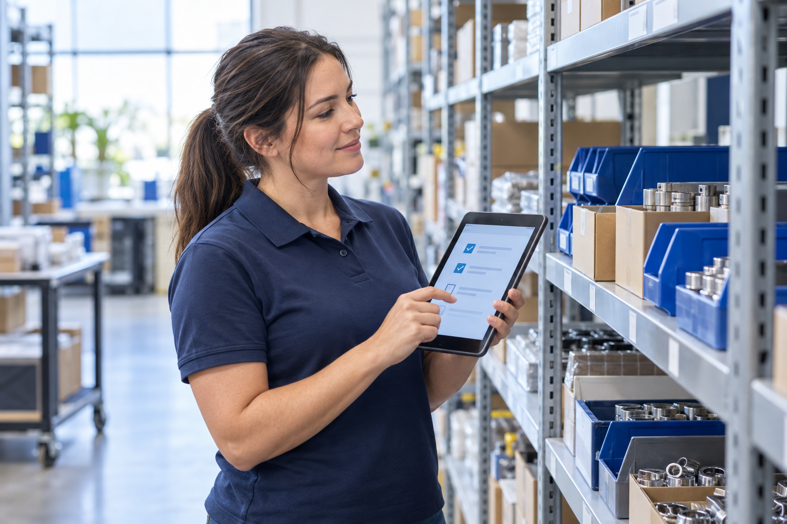Illustrative scene of an employee using a tablet guide while working in a stockroom.