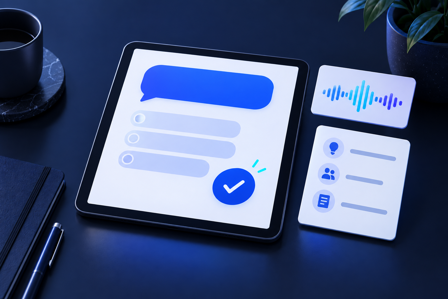 Concept illustration of workplace role-play practice, audio guidance and feedback on a tablet.