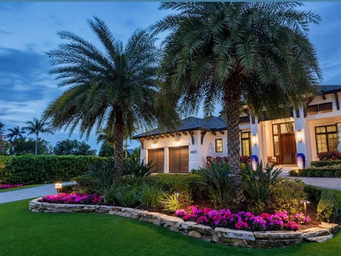 Front yard of a house with two tall palm trees, flower bed with pink flowers, and a well-lit house at dusk.
