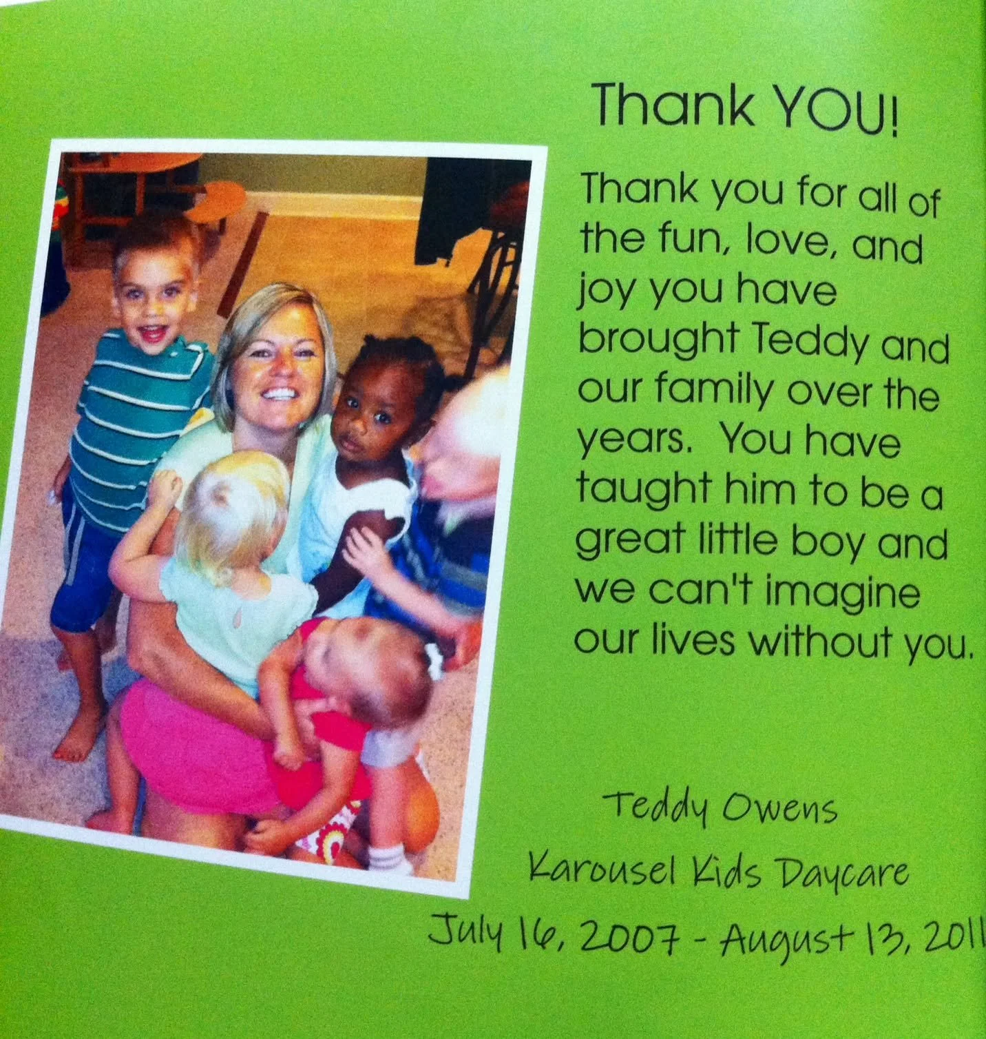 Group photo of a woman and five children hugging and smiling, in a home daycare setting with a positive client testimonial.