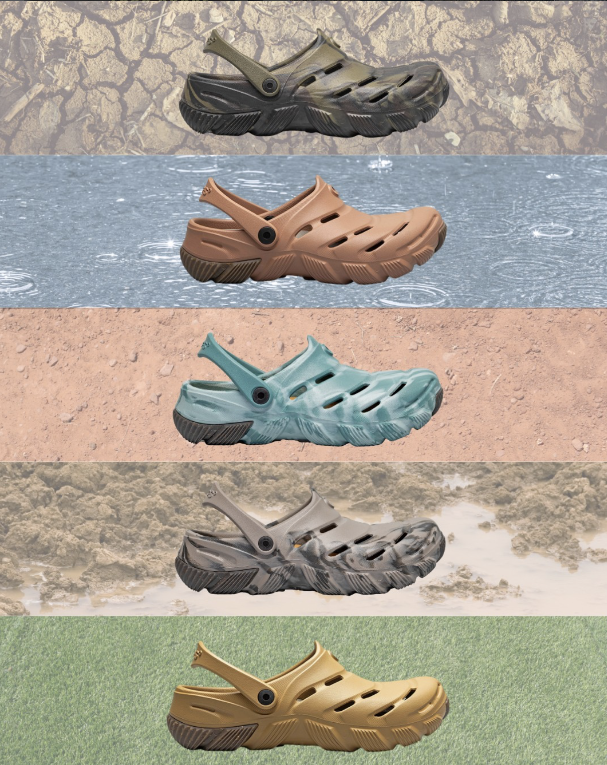 A collage of five outdoor footwear shoes, each in different colors, placed on various natural ground backgrounds including dirt, water, sand, and grass.