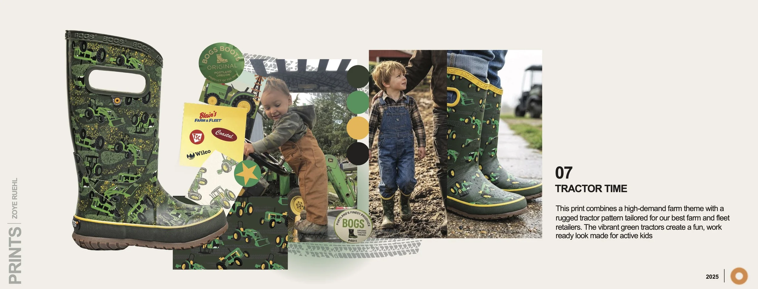 Children wearing rubber boots with a tractor pattern, one boy standing on a muddy farm path and another sitting on a toy tractor.