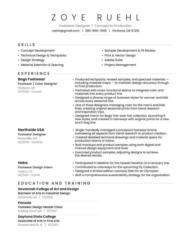 Resume for Zoye Ruehl featuring skills in footwear design, experience at Bogs Footwear, Northside USA, and Hoka, and education from Savannah College of Art and Design, Pensole, and Daytona State College.