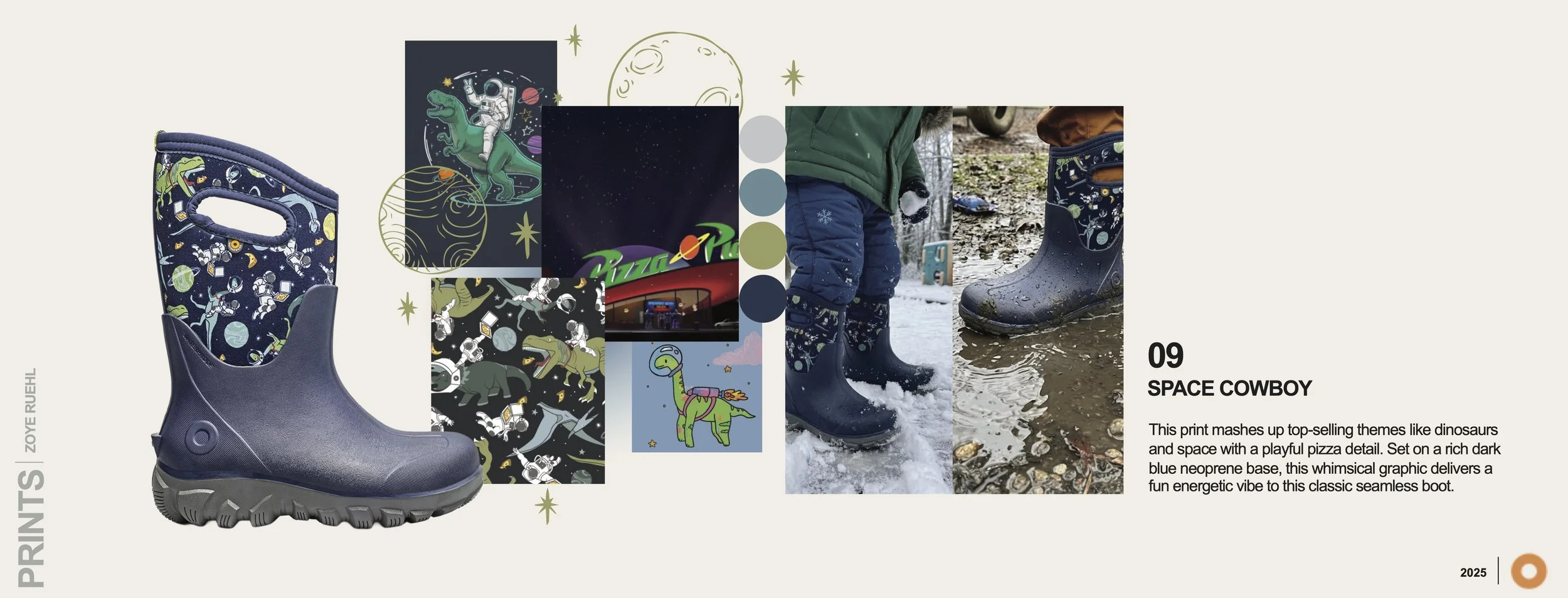 Children wearing navy blue rubber boots with space-themed patterns, standing in puddles outdoors, with additional images of the boots and space-themed illustrations, under the title 'Space Cowboy'.