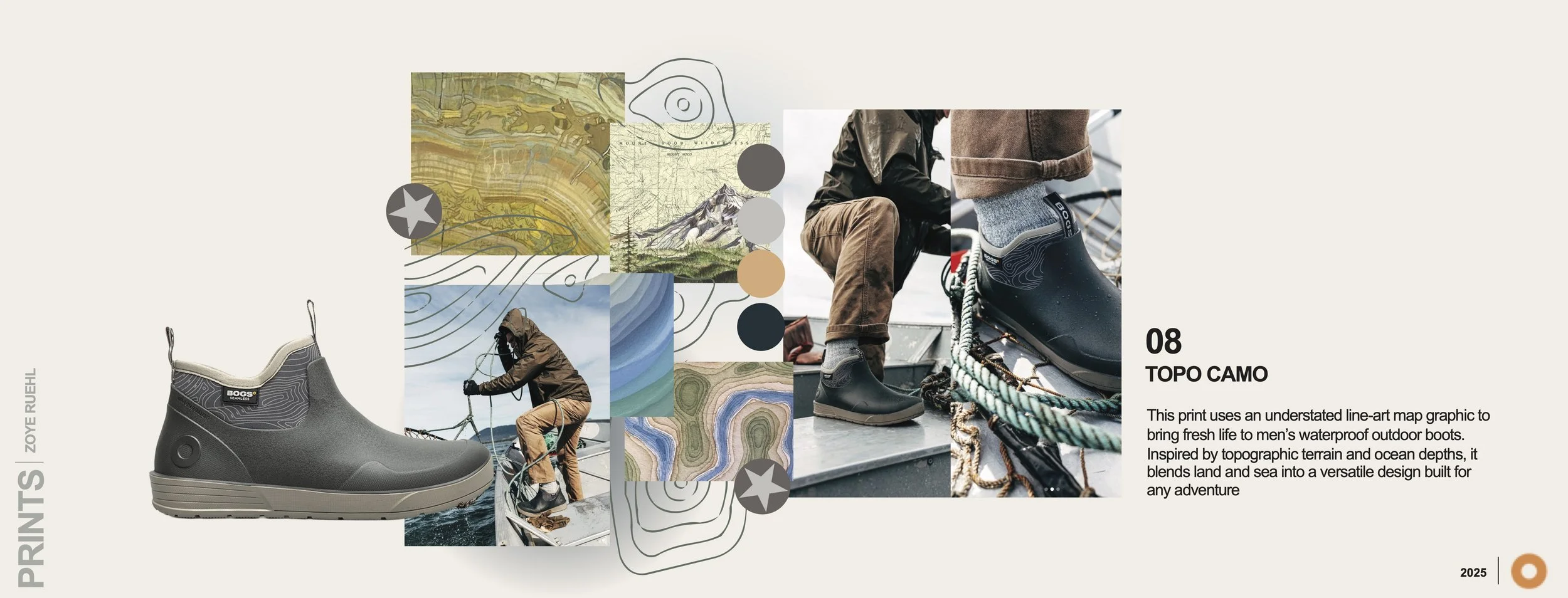 An outdoor waterproof men's boot design called Topo Camo, inspired by topographic terrain and ocean depths, featuring a rugged black sneaker placed alongside images of hikers and topographic maps with earthy colors.
