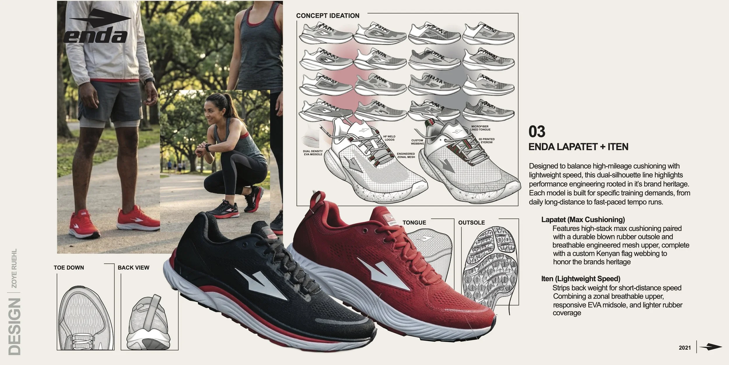 Graphic illustration and photos of a running shoe model called ENDA LAPAT + ITEN, including sketches of shoe design concept, and photos of people wearing the shoes outdoors. The design emphasizes lightweight speed, dual-density EVA midsole, engineered mesh upper, and custom webbing with Kenyan flag. Features detailed with labels like tongue, outsole, toe down, and back view.
