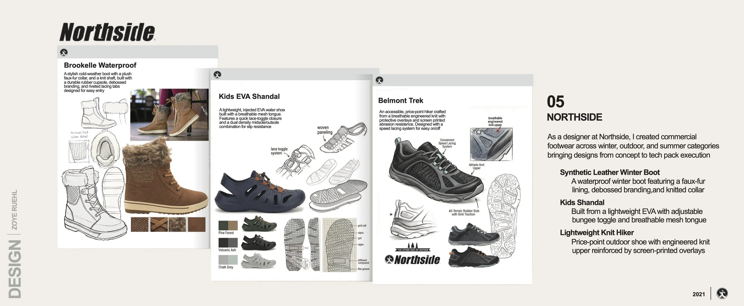 Page from Northside footwear catalog featuring various winter boots and shoes, including designs for kids, hiking, and waterproof options with sketches and technical details.