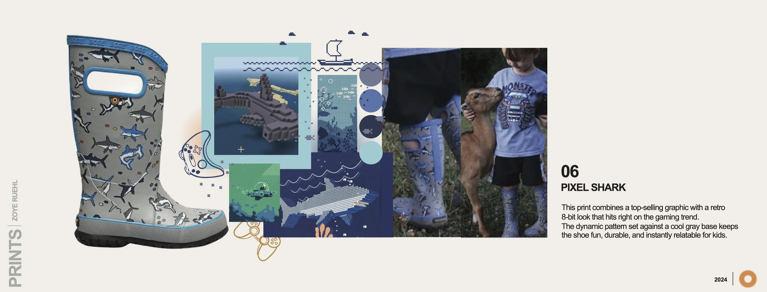 A children's rain boot with a pixel shark and ocean theme, next to a boy and dog outdoors wearing matching rain boots.
