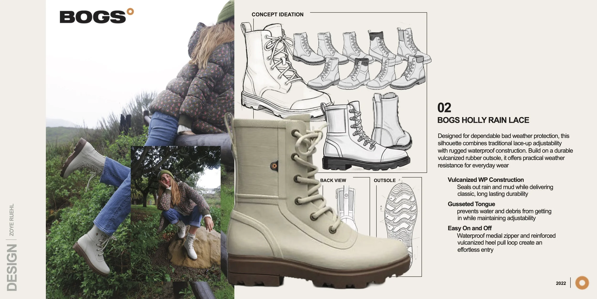 Design presentation of Bogs Holly Rain Lace boots, showcasing sketches, close-up photos of the boots worn outdoors in a natural setting, and detailed diagrams of the boot's construction features including vulcanized waterproof construction, gusseted tongue, and waterproof zipper.