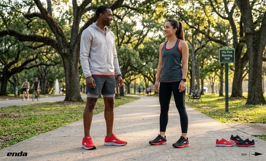 Two people, a man and a woman, talking in a park with trees, while wearing running shoes. The woman has her shoes off, and they are placed on the ground nearby. A park trail sign is in the background.