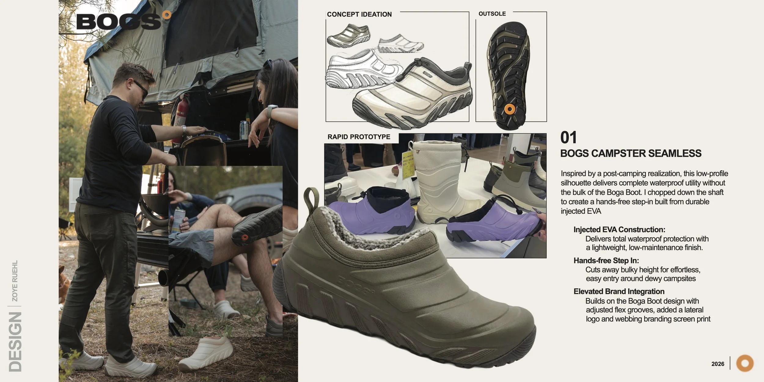 A promotional display for BOGS Camper Seamless waterproof boots, showing sketches of the design, images of the boots in various colors, and a person demonstrating the boots in an outdoor camping setting.