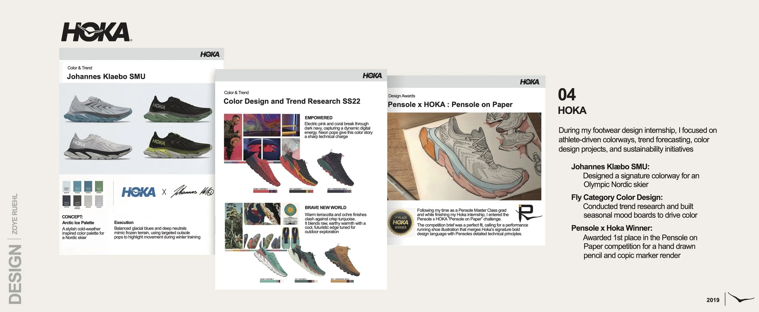 A collage of three digital design documents showcasing sneaker design projects, trend research, color wheel, sketches, and written descriptions related to HOKA sneakers.