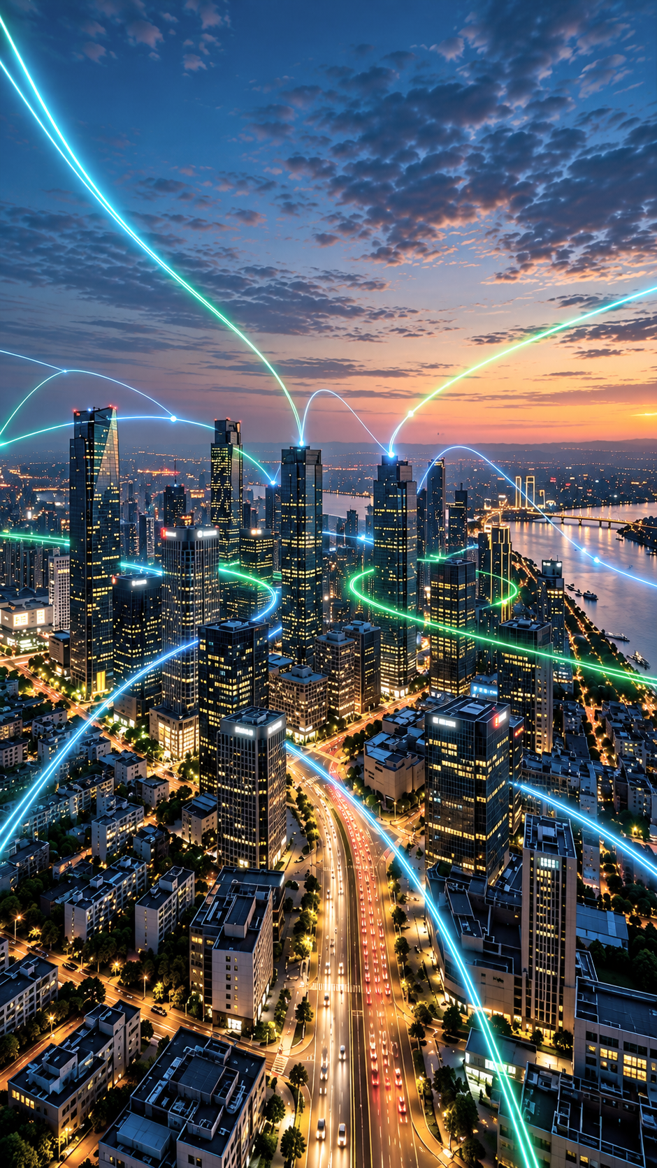Cityscape at sunset with tall skyscrapers, over a river, with digital light trails overlaying the scene, representing wireless connectivity.