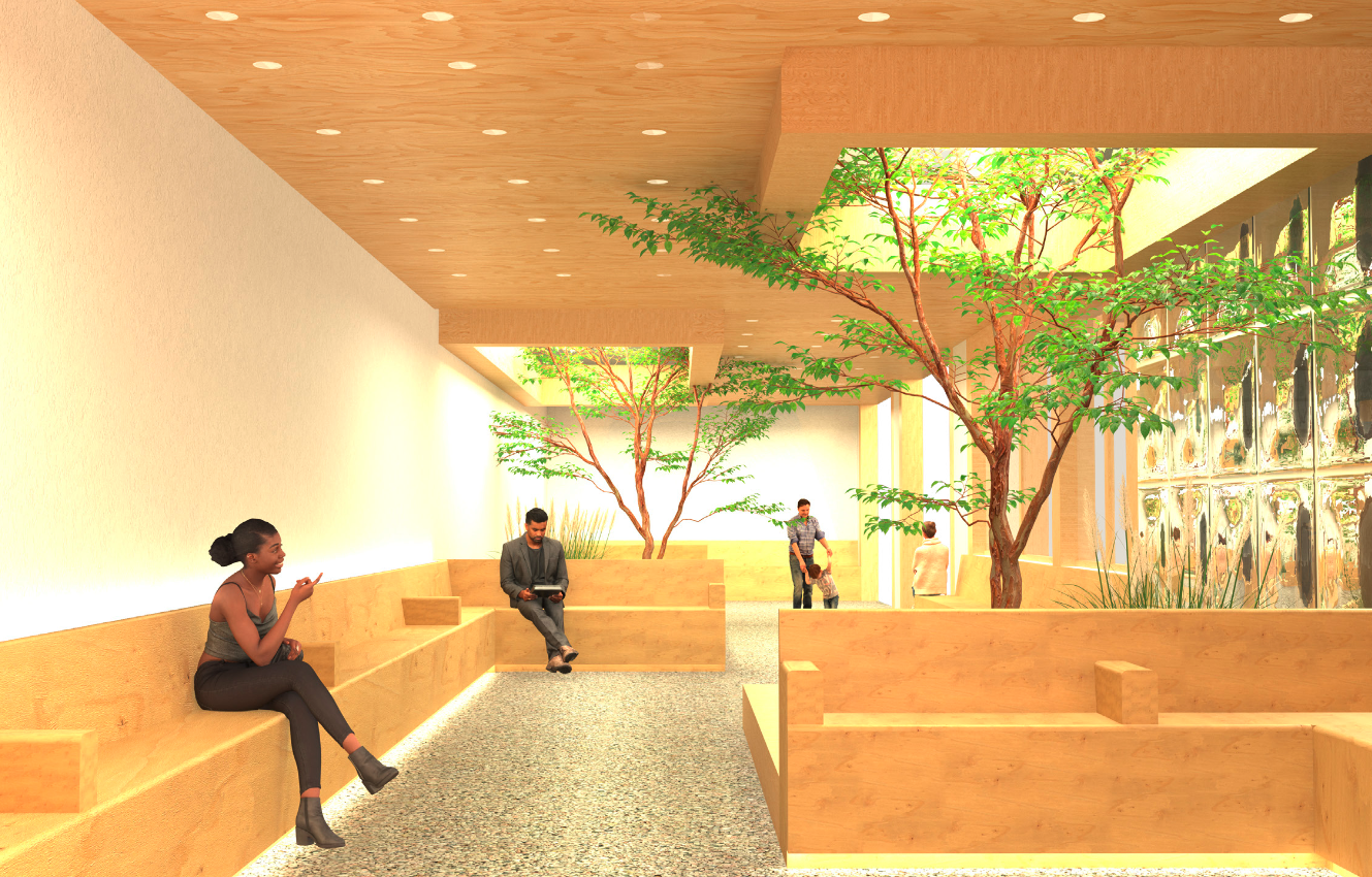 Interior of a modern waiting area with wooden benches, trees, and skylights, with several people seated and walking.