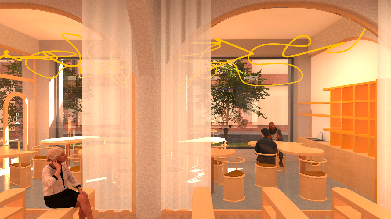 Modern cafe interior with large windows, yellow geometric lighting, orange shelving, and seating area. 