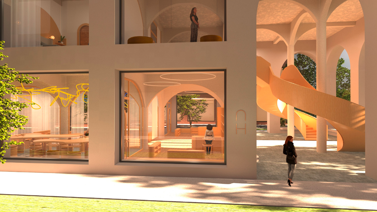 Modern architectural building with large glass windows, a spiral staircase, and two women observing from outside.