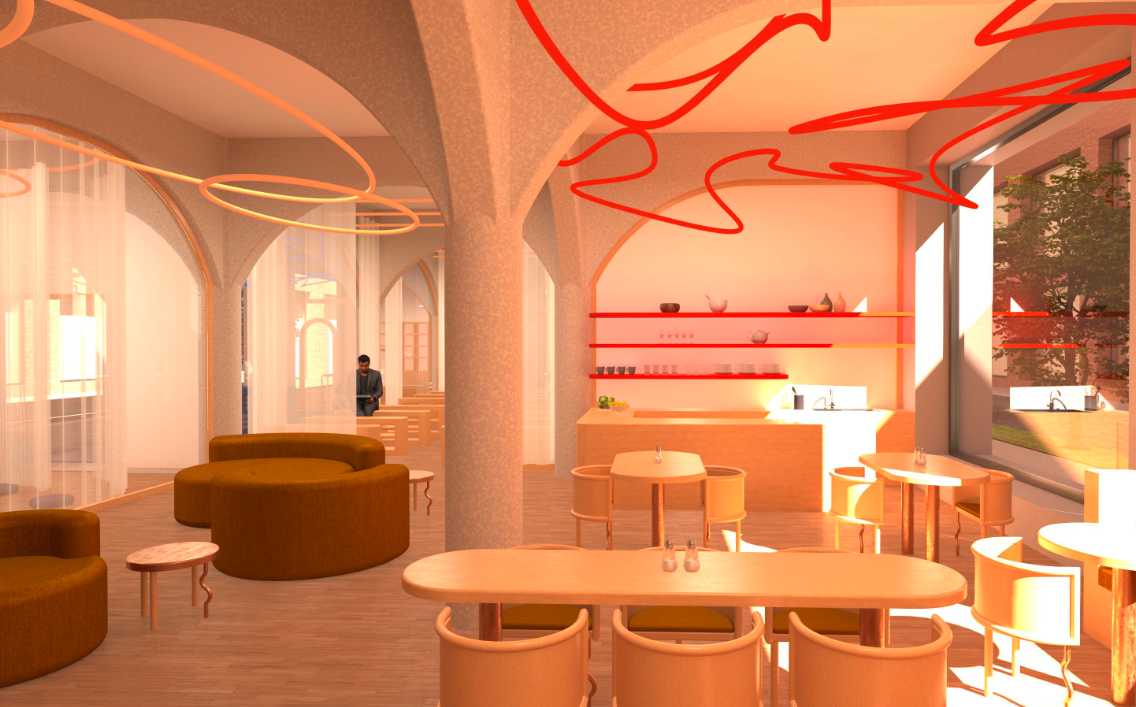 Modern cafe with round tables, yellow chairs, arched windows, and decorative lighting fixtures. 