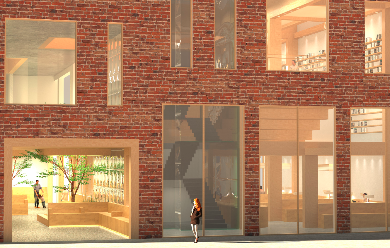 A multi-story building with a brick facade and large glass windows showing interior spaces with wooden stairs, bookshelves, and furniture. 