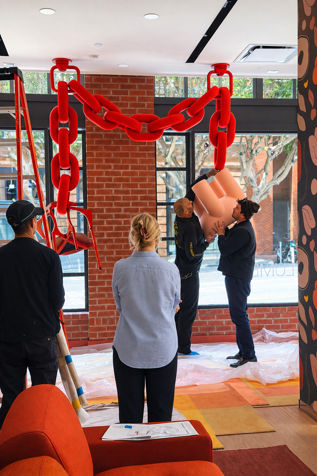 People assembling furniture, including a large PVC pipe and chains, in a brightly lit room with brick walls and large windows.