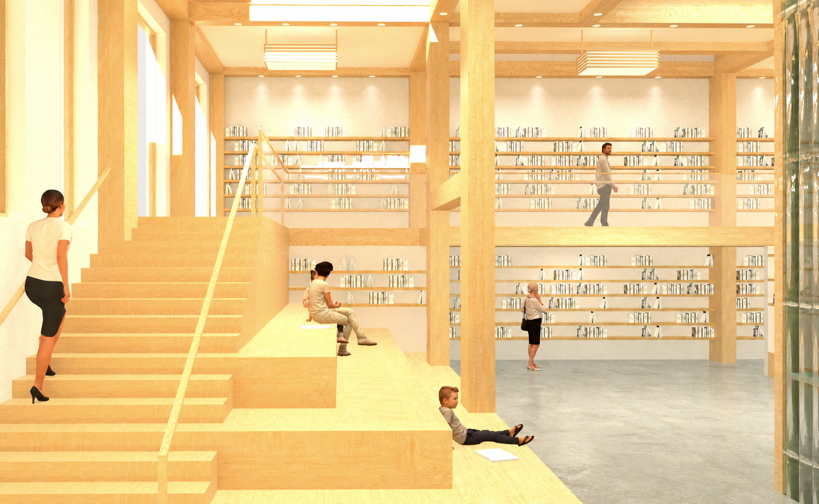 Interior of a modern library with wooden shelves, multiple levels, and several people reading and walking.