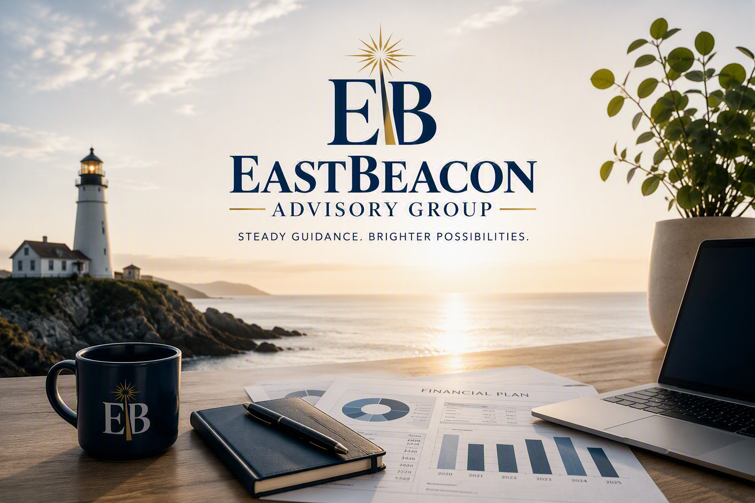 Scenic view of a lighthouse on a rocky coast at sunset with branding for EastBeacon Advisory Group. The branding includes a logo with a starburst and the text 'EB EastBeacon Advisory Group', along with the slogan 'Steady Guidance. Brighter Possibilities.' There are office items on a desk, including a coffee mug, a notebook, a pen, financial charts, and a laptop, with a potted plant on the right.